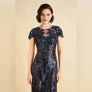 Retro Contrast Floral Bead Flapper Dress size 4